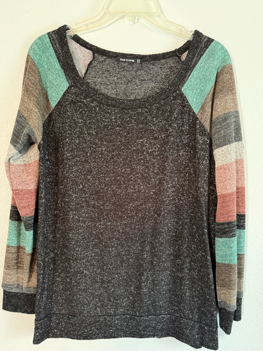 Pink Clover Black Heather Raglan Sweatshirt with Mint and Coral Stripes